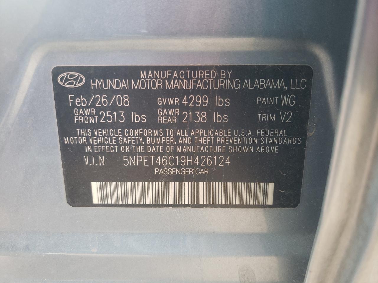 Photo 10 from auction – 2009 HYUNDAI SONATA GLS with VIN 5NPET46C19H426124