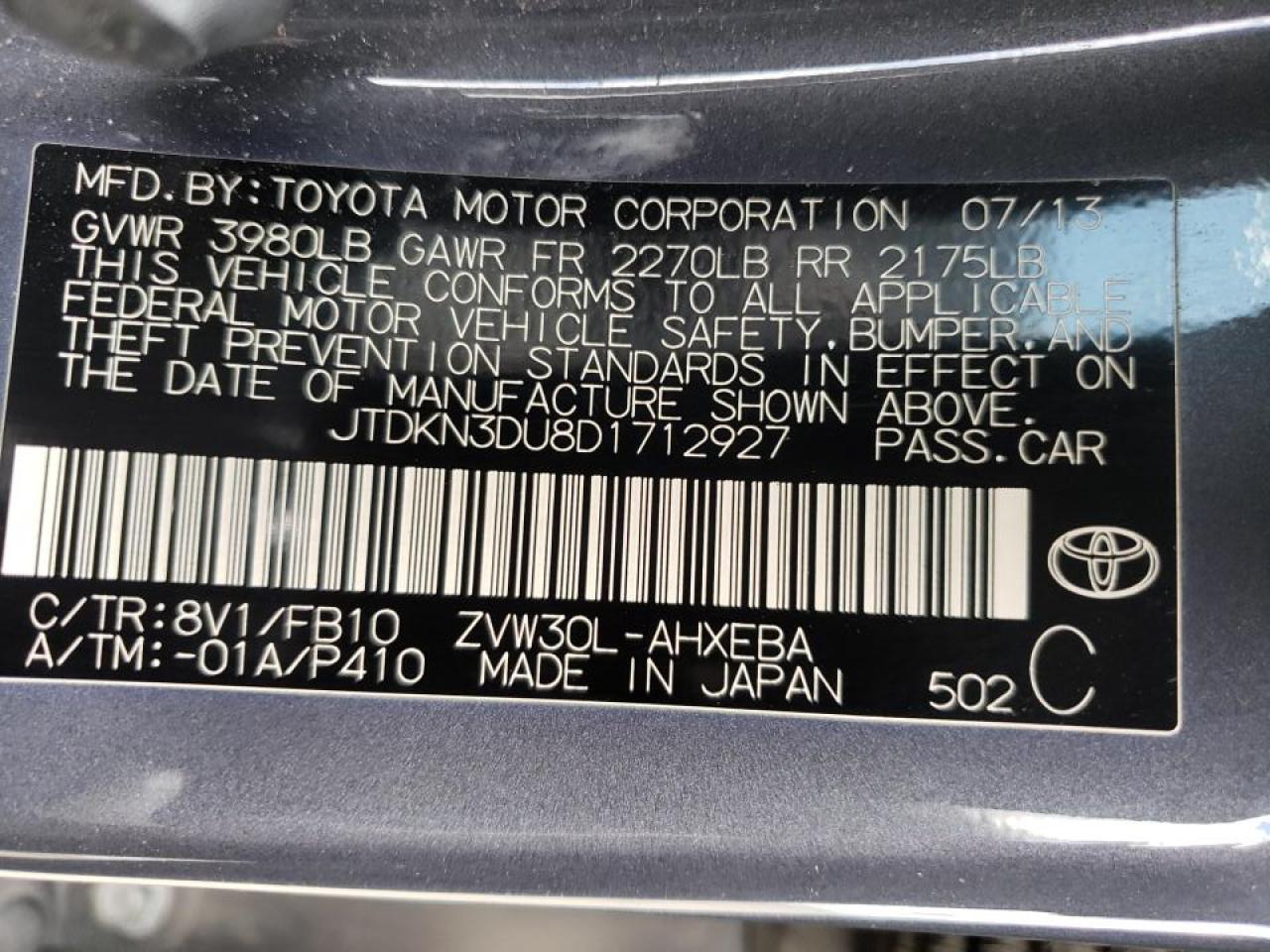 Photo 10 from auction – 2013 TOYOTA PRIUS with VIN JTDKN3DU8D1712927