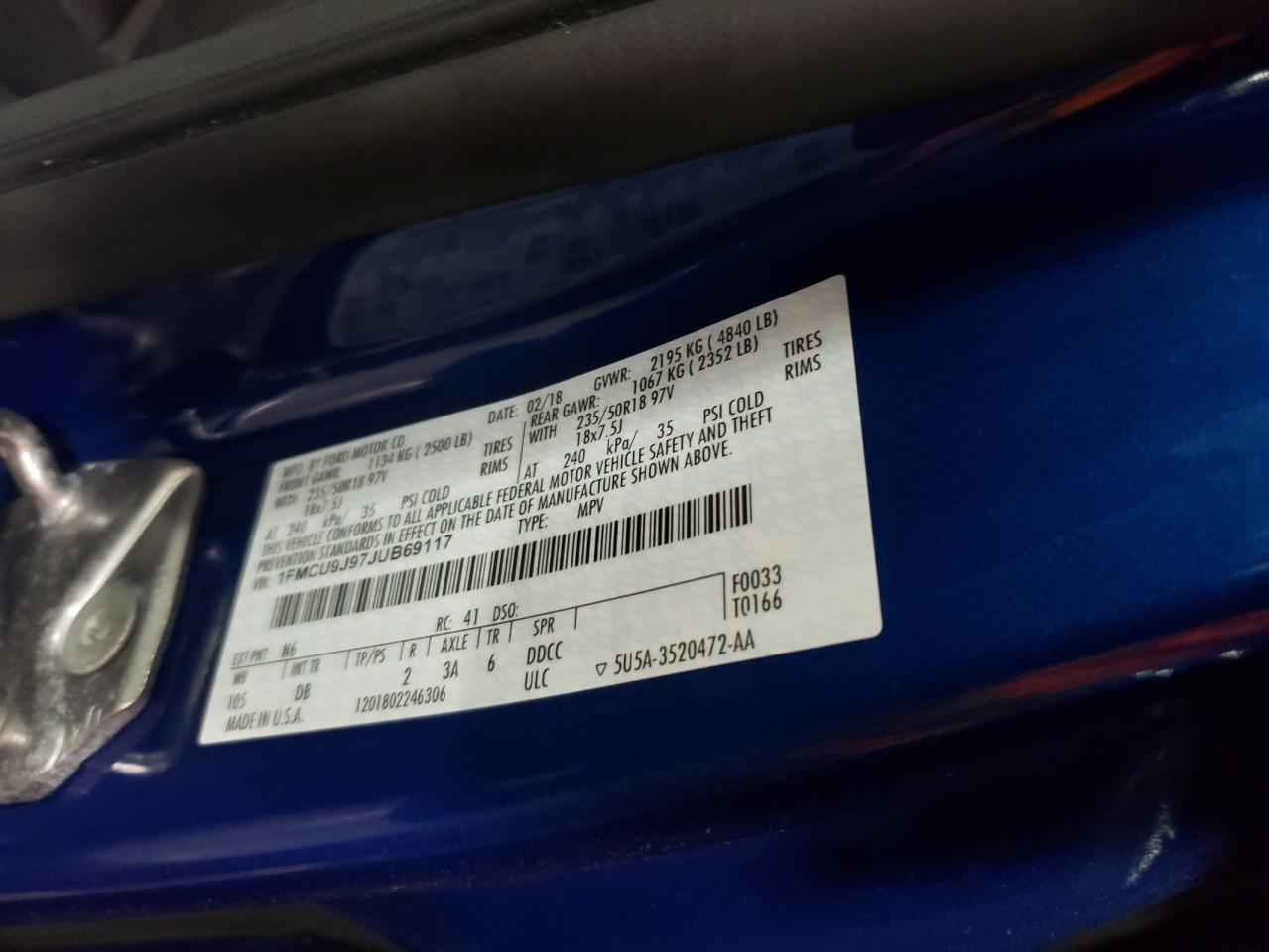 Photo 10 from auction – 2018 FORD ESCAPE TIT with VIN 1FMCU9J97JUB69117
