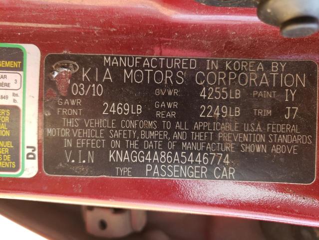 Photo 10 from auction – 2010 KIA OPTIMA LX with VIN KNAGG4A86A5446774
