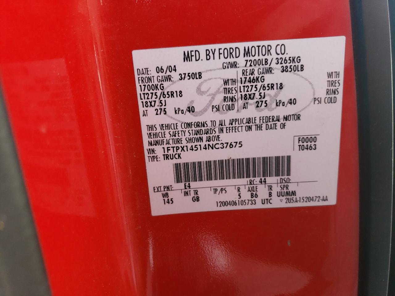 Photo 10 from auction – 2004 FORD F150 with VIN 1FTPX14514NC37675
