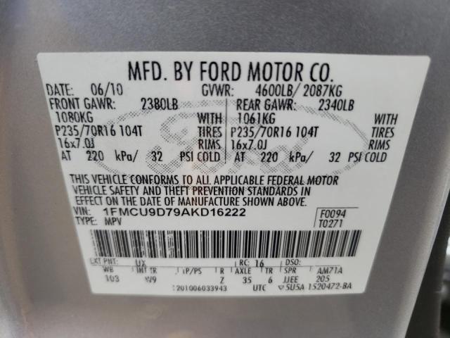 Zdjęcie 10 z aukcji – 2010 FORD ESCAPE XLT z VIN 1FMCU9D79AKD16222