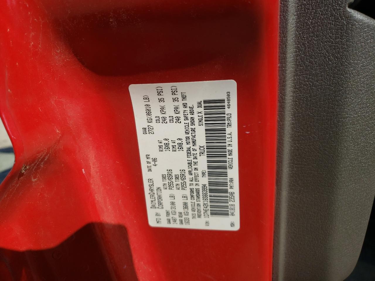 Photo 10 from auction – 2006 DODGE DAKOTA SLT with VIN 1D7HE42K16S663994