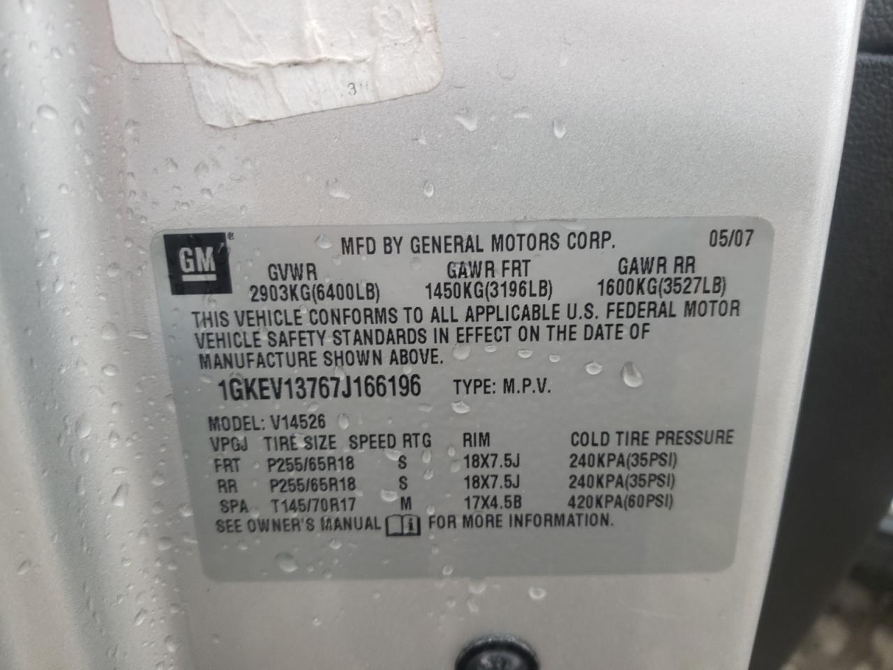 Photo 10 from auction – 2007 GMC ACADIA SLE with VIN 1GKEV13767J166196