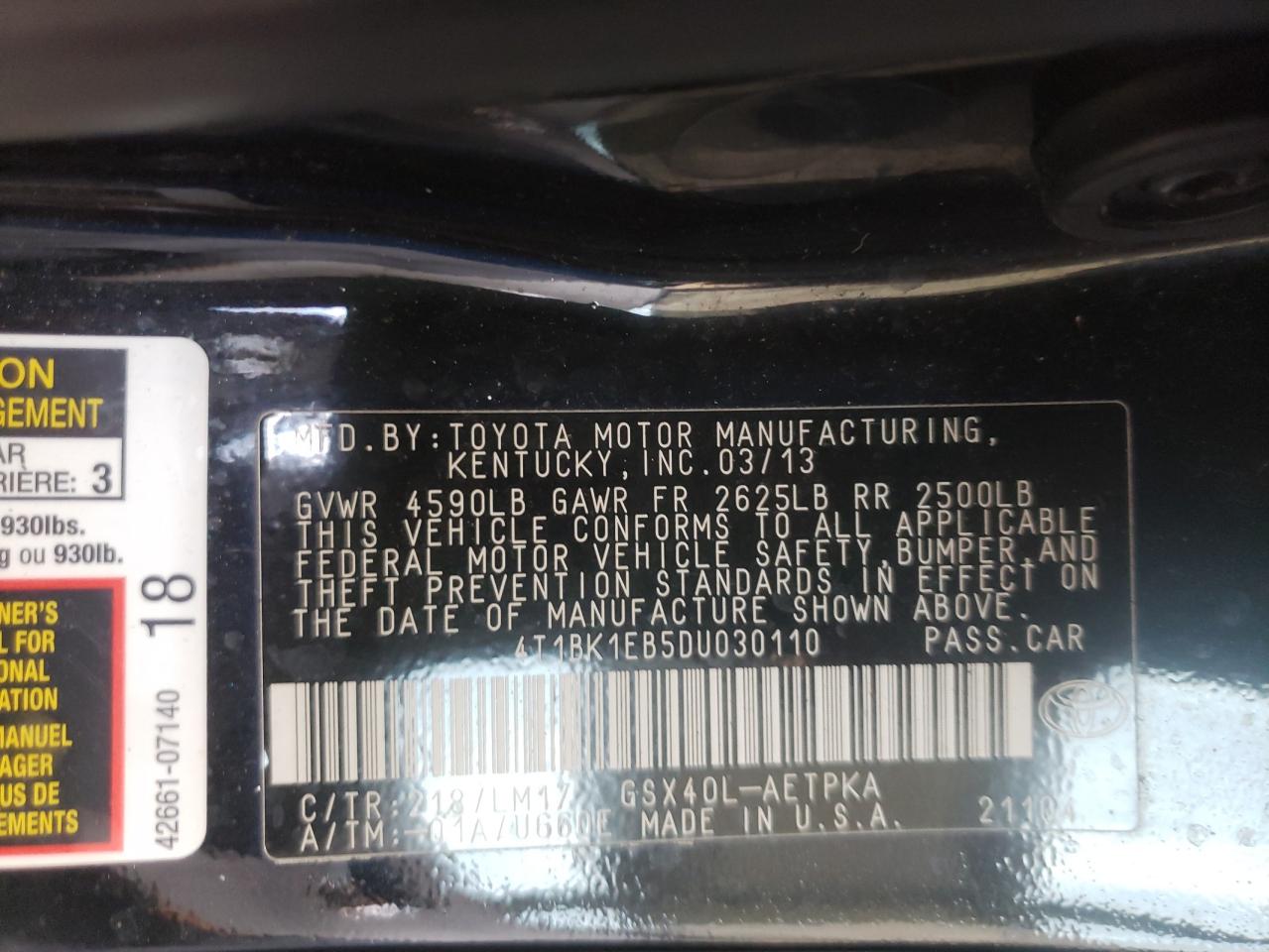 Photo 10 from auction – 2013 TOYOTA AVALON with VIN 4T1BK1EB5DU030110