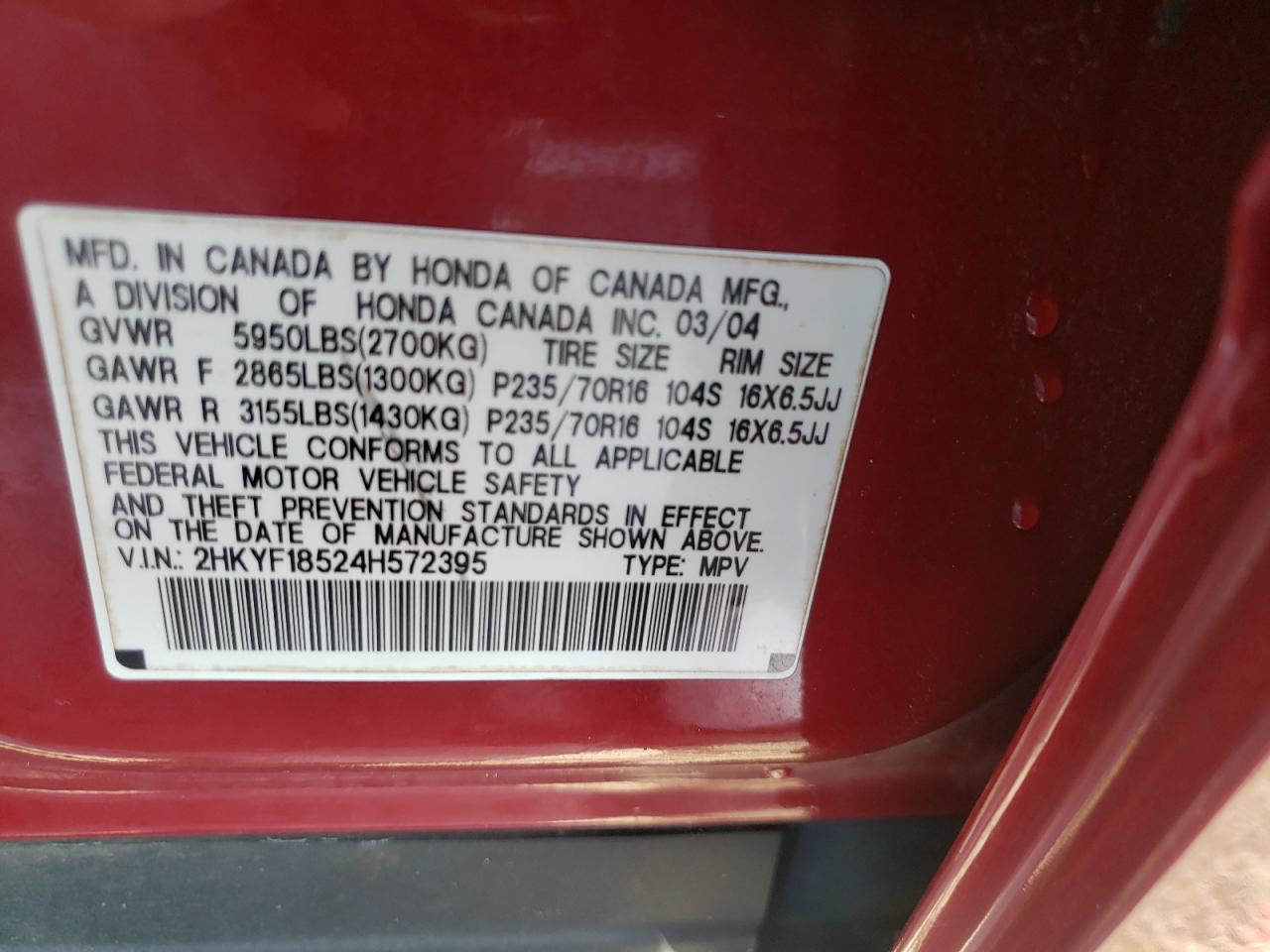 Photo 10 from auction – 2004 HONDA PILOT EXL with VIN 2HKYF18524H572395