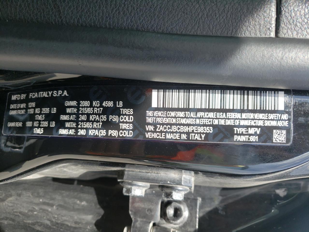 Photo 10 from auction – 2017 JEEP RENEGADE T with VIN ZACCJBCB9HPE98353