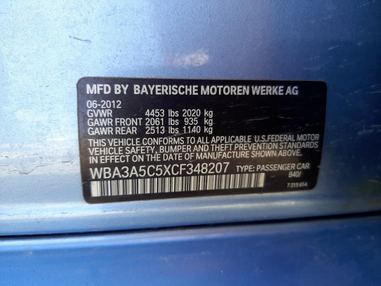 Photo 10 from auction – 2012 BMW 328 I with VIN WBA3A5C5XCF348207