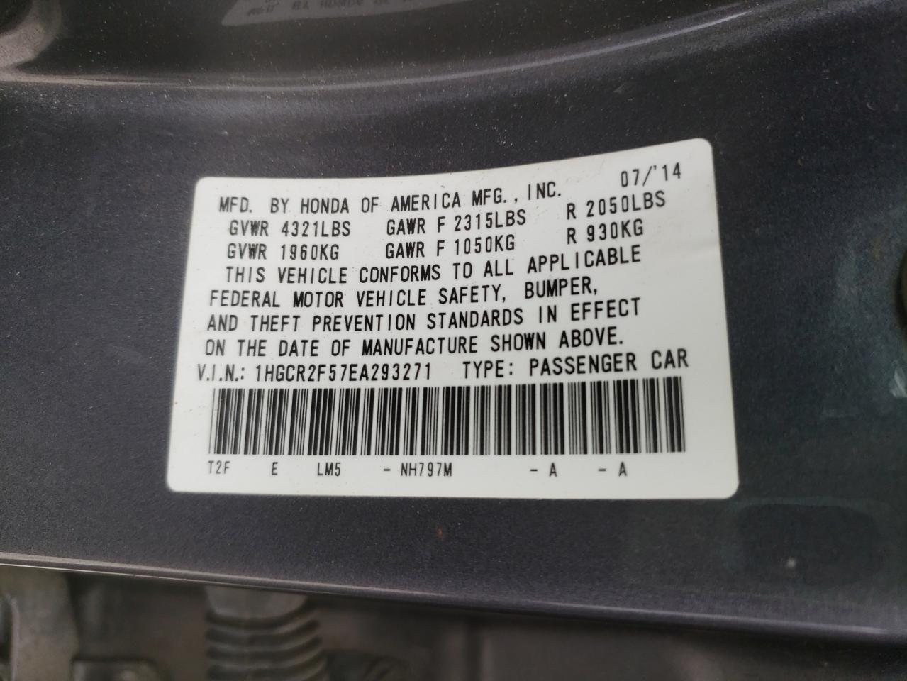 Photo 10 from auction – 2014 HONDA ACCORD SPO with VIN 1HGCR2F57EA293271