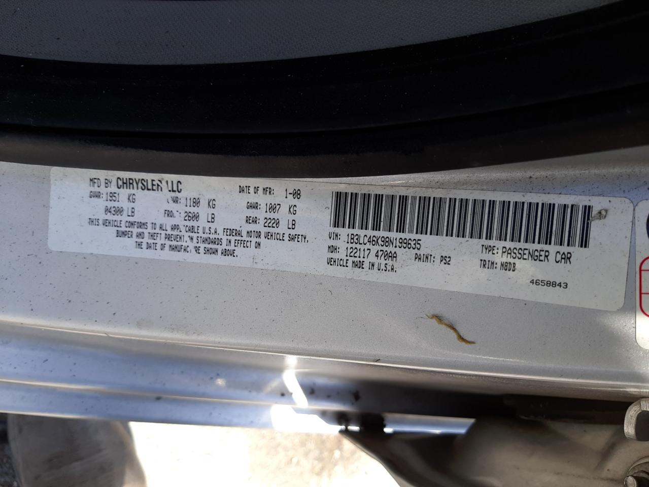 Photo 10 from auction – 2008 DODGE AVENGER SE with VIN 1B3LC46K98N199635