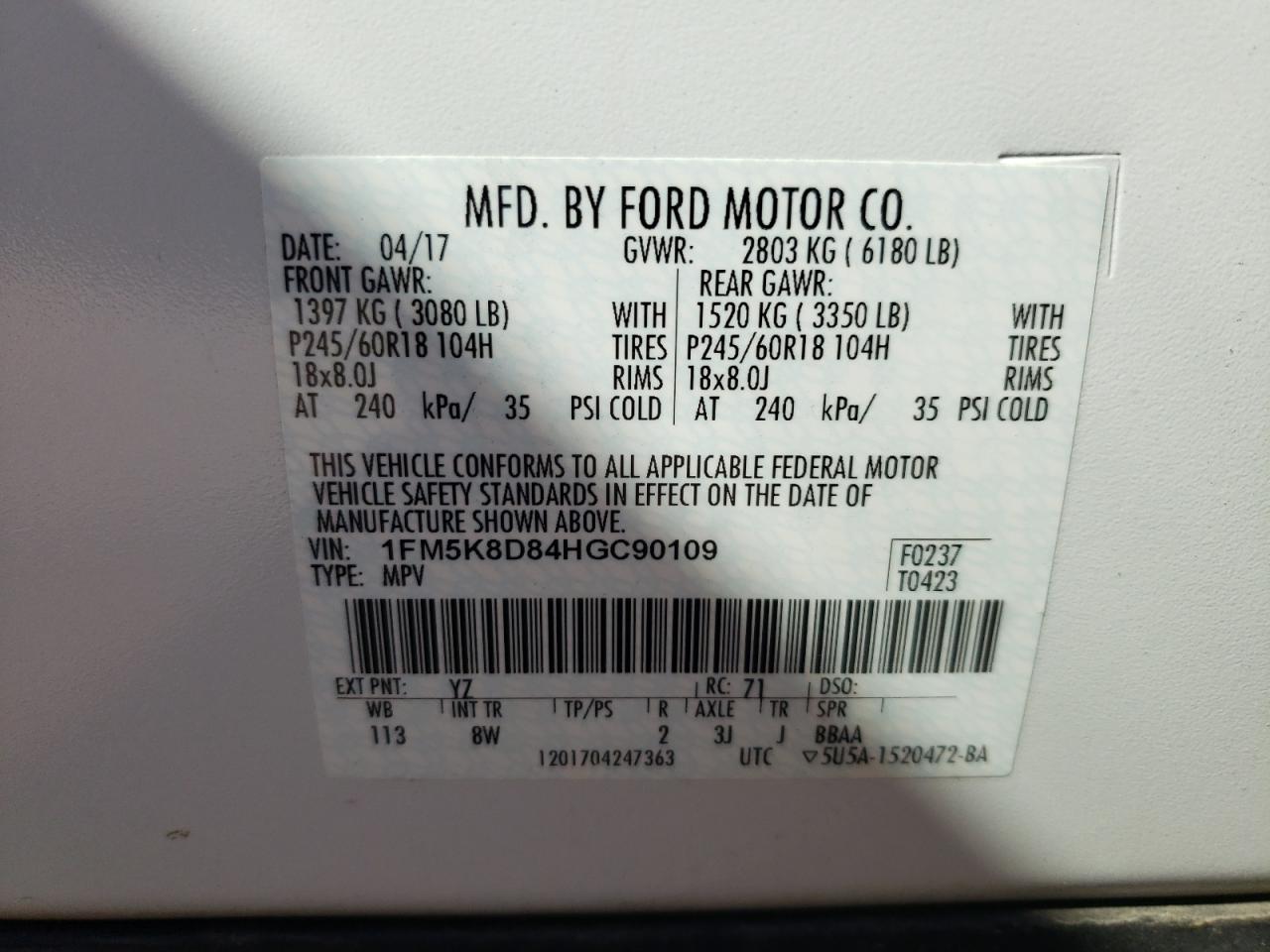 Photo 10 from auction – 2017 FORD EXPLORER X with VIN 1FM5K8D84HGC90109