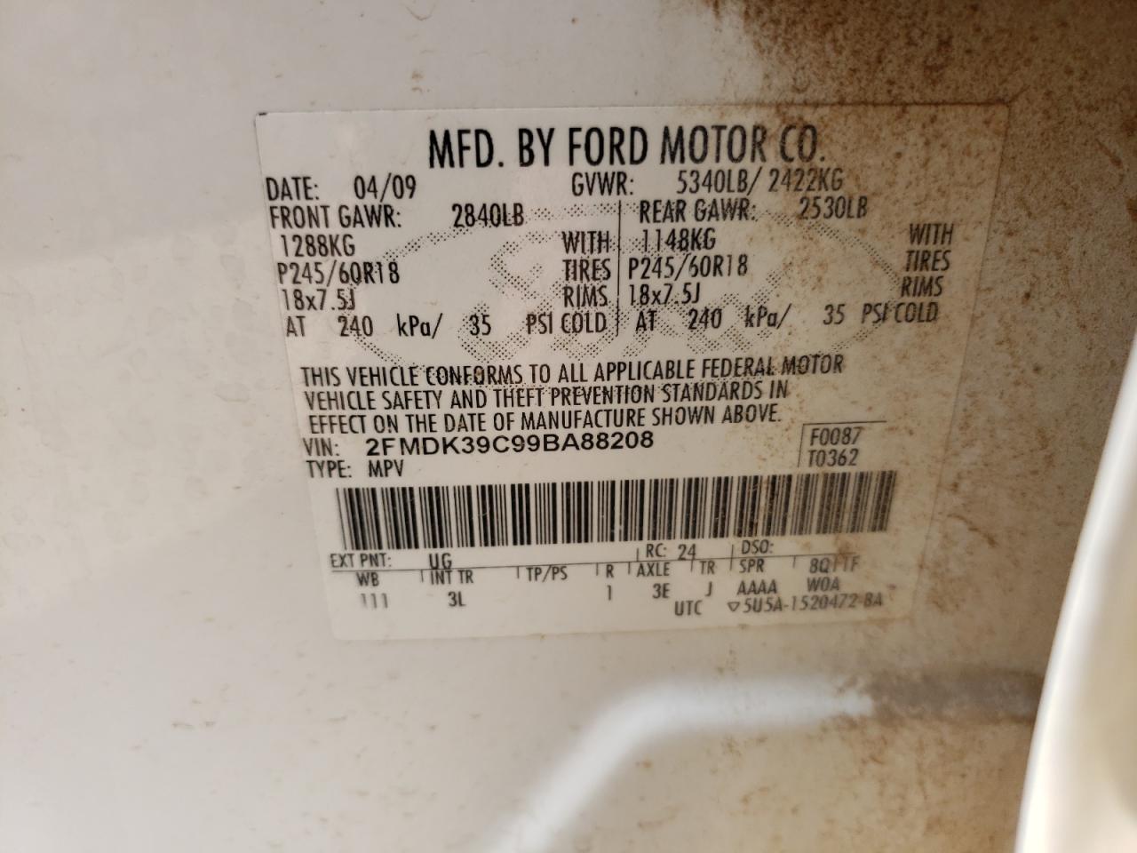 Photo 10 from auction – 2009 FORD EDGE LIMIT with VIN 2FMDK39C99BA88208