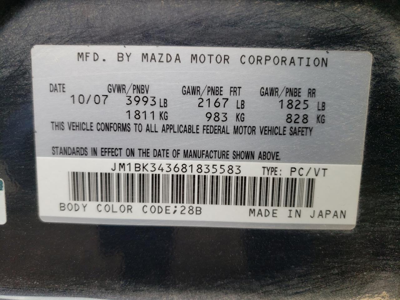 Photo 10 from auction – 2008 MAZDA 3 HATCHBAC with VIN JM1BK343681835583