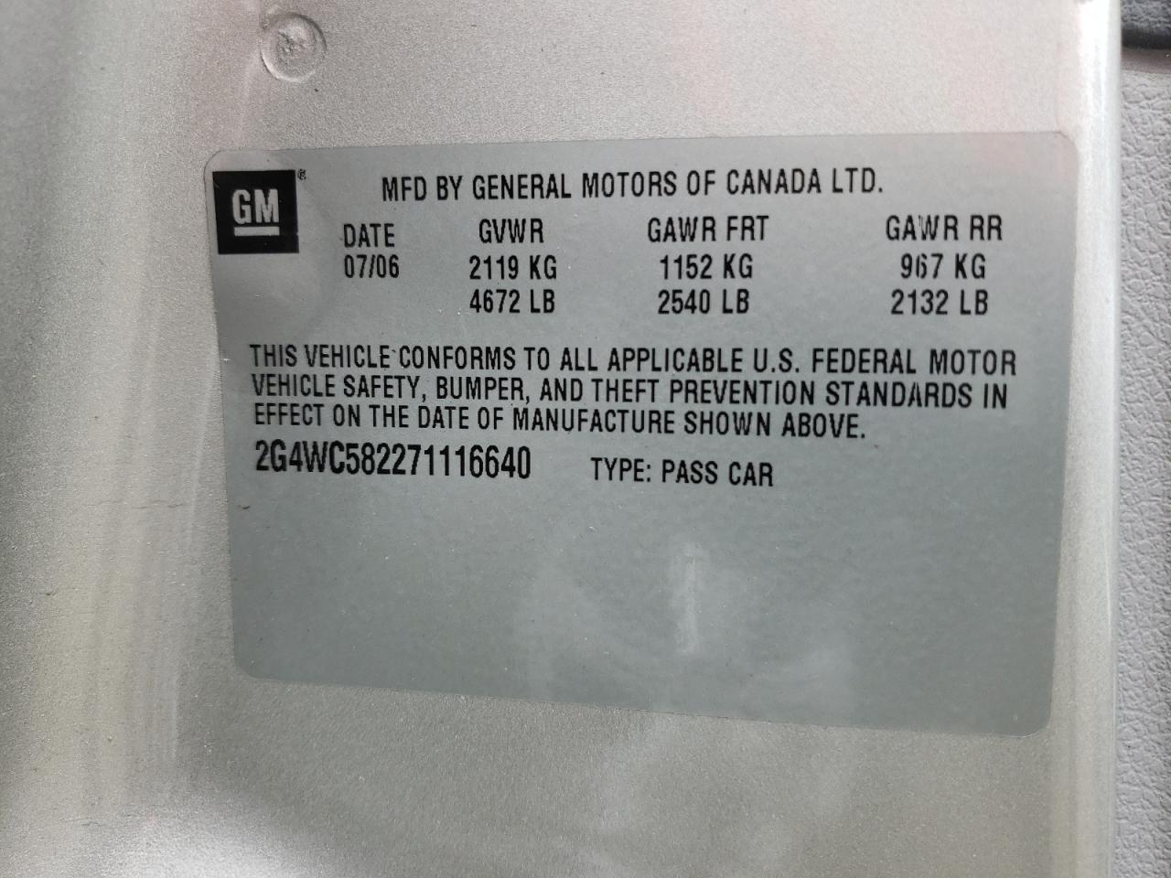 Photo 10 from auction – 2007 BUICK LACROSSE C with VIN 2G4WC582271116640