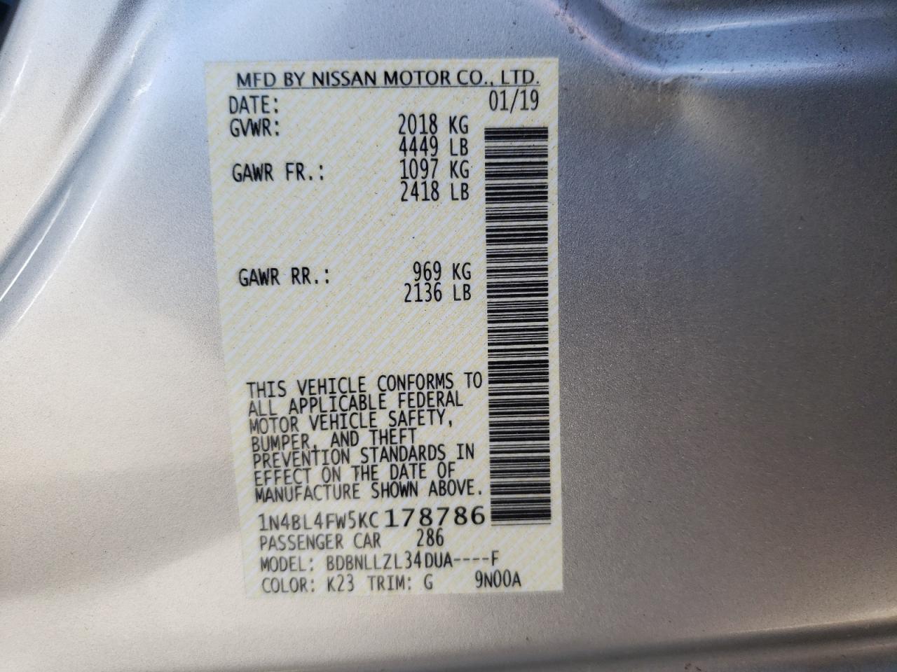 Photo 10 from auction – 2019 NISSAN ALTIMA PLA with VIN 1N4BL4FW5KC178786