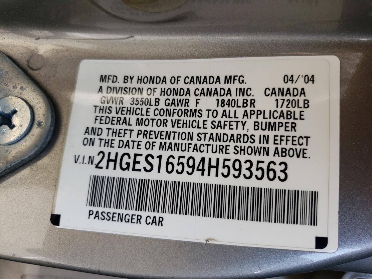 Photo 10 from auction – 2004 HONDA CIVIC LX with VIN 2HGES16594H593563