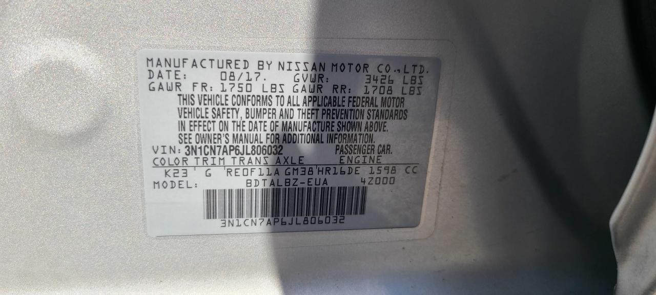 Photo 10 from auction – 2018 NISSAN VERSA S with VIN 3N1CN7AP6JL806032