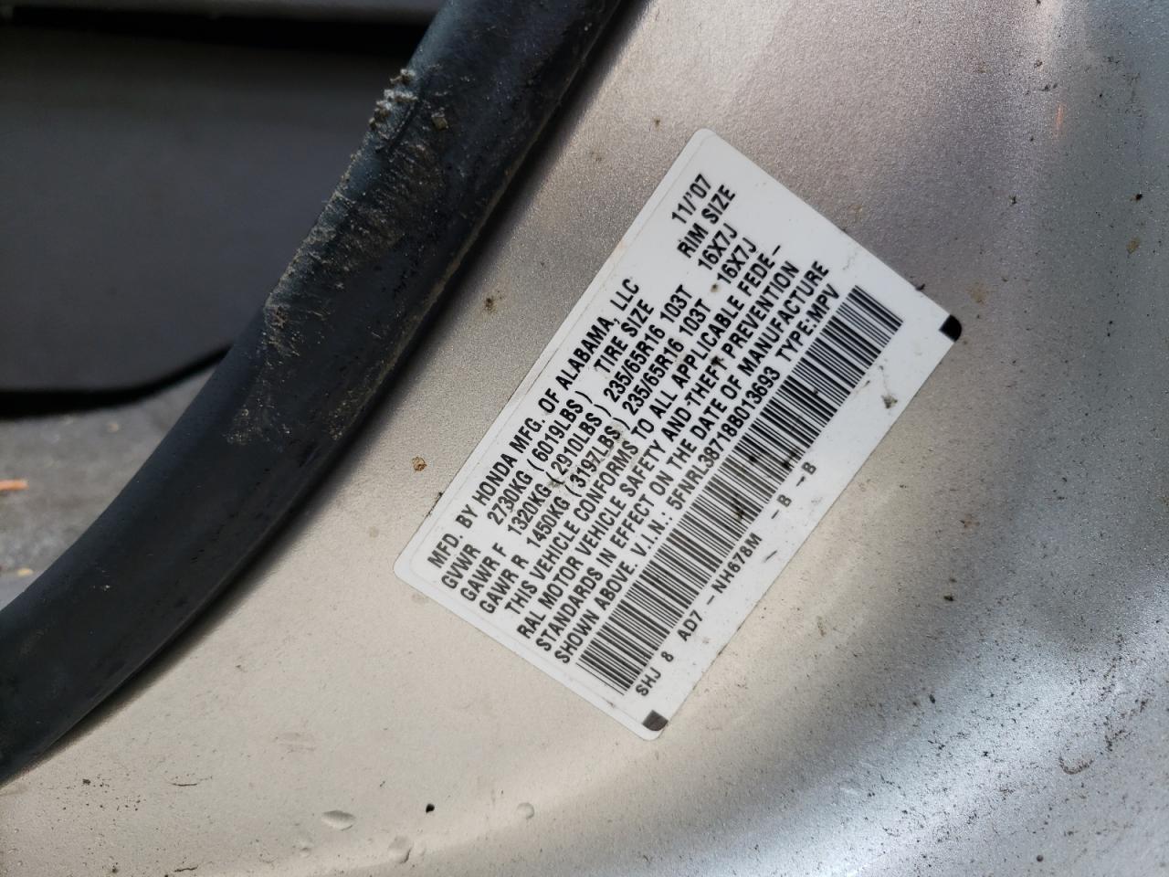 Photo 10 from auction – 2008 HONDA ODYSSEY EX with VIN 5FNRL38718B013693