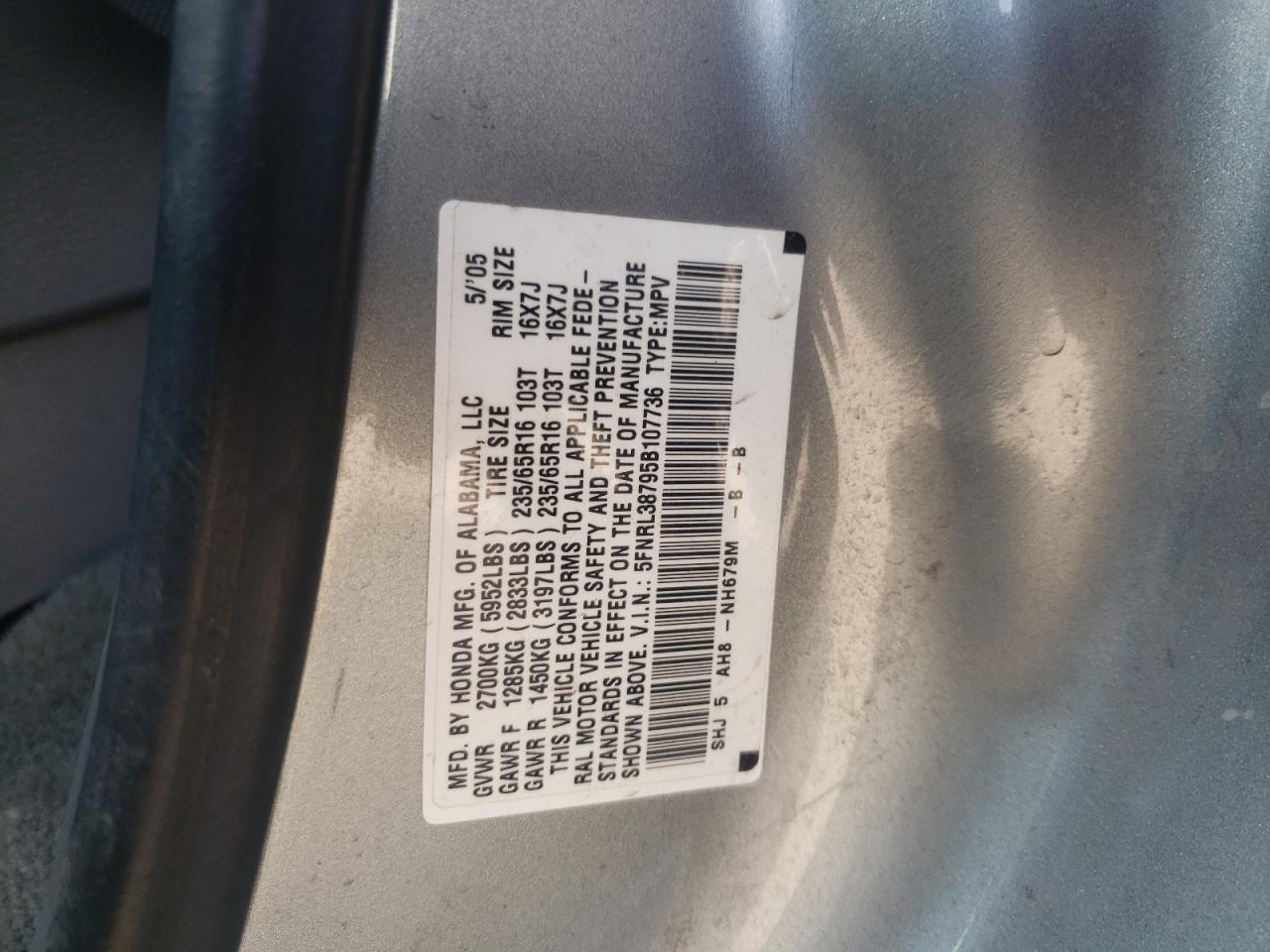 Photo 10 from auction – 2005 HONDA ODYSSEY EX with VIN 5FNRL38795B107736