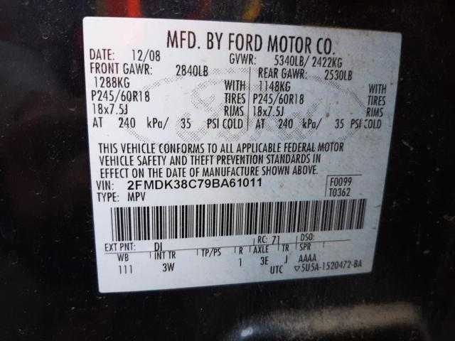 Photo 10 from auction – 2009 FORD EDGE SEL with VIN 2FMDK38C79BA61011