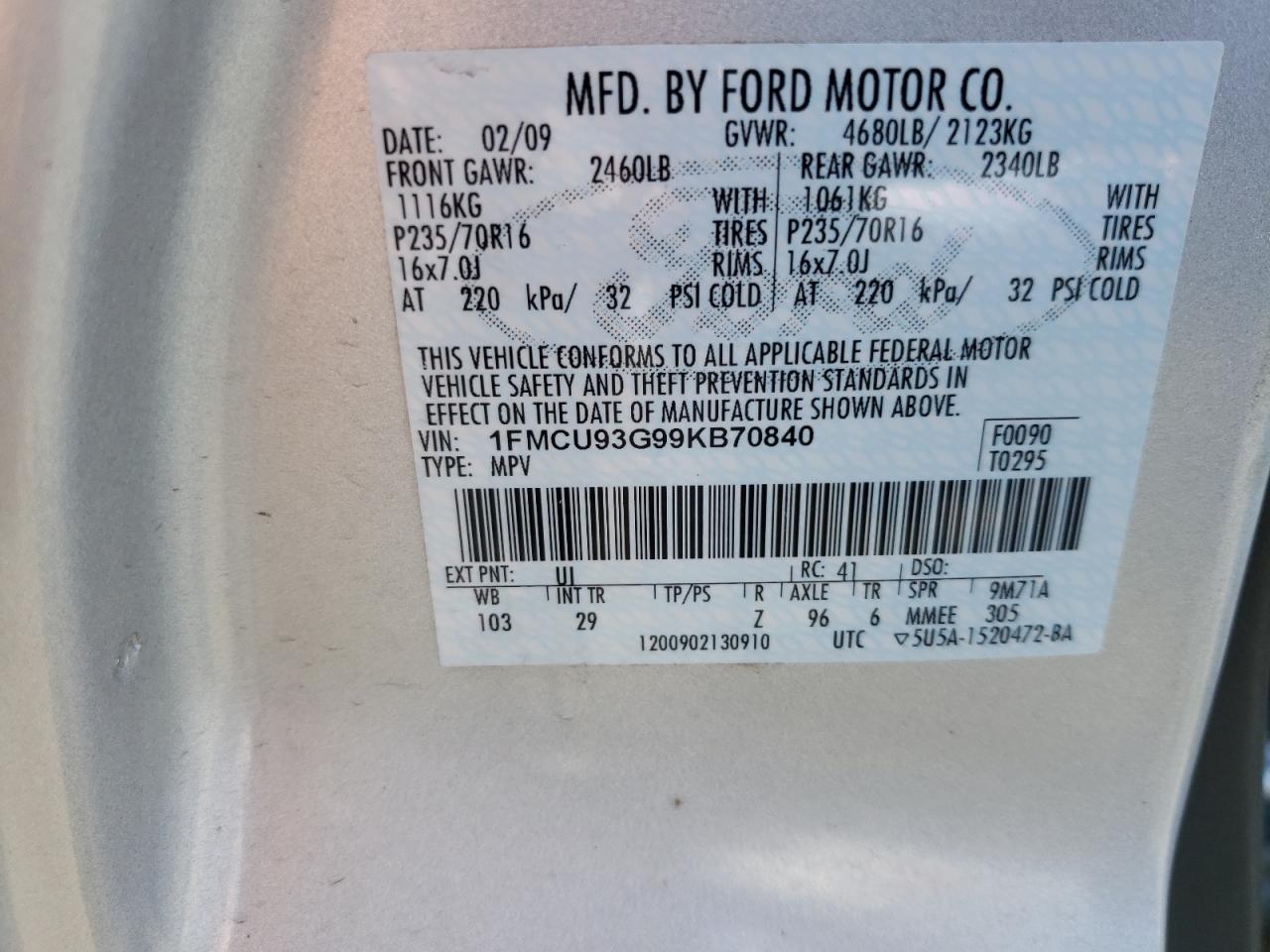 Photo 10 from auction – 2009 FORD ESCAPE XLT with VIN 1FMCU93G99KB70840