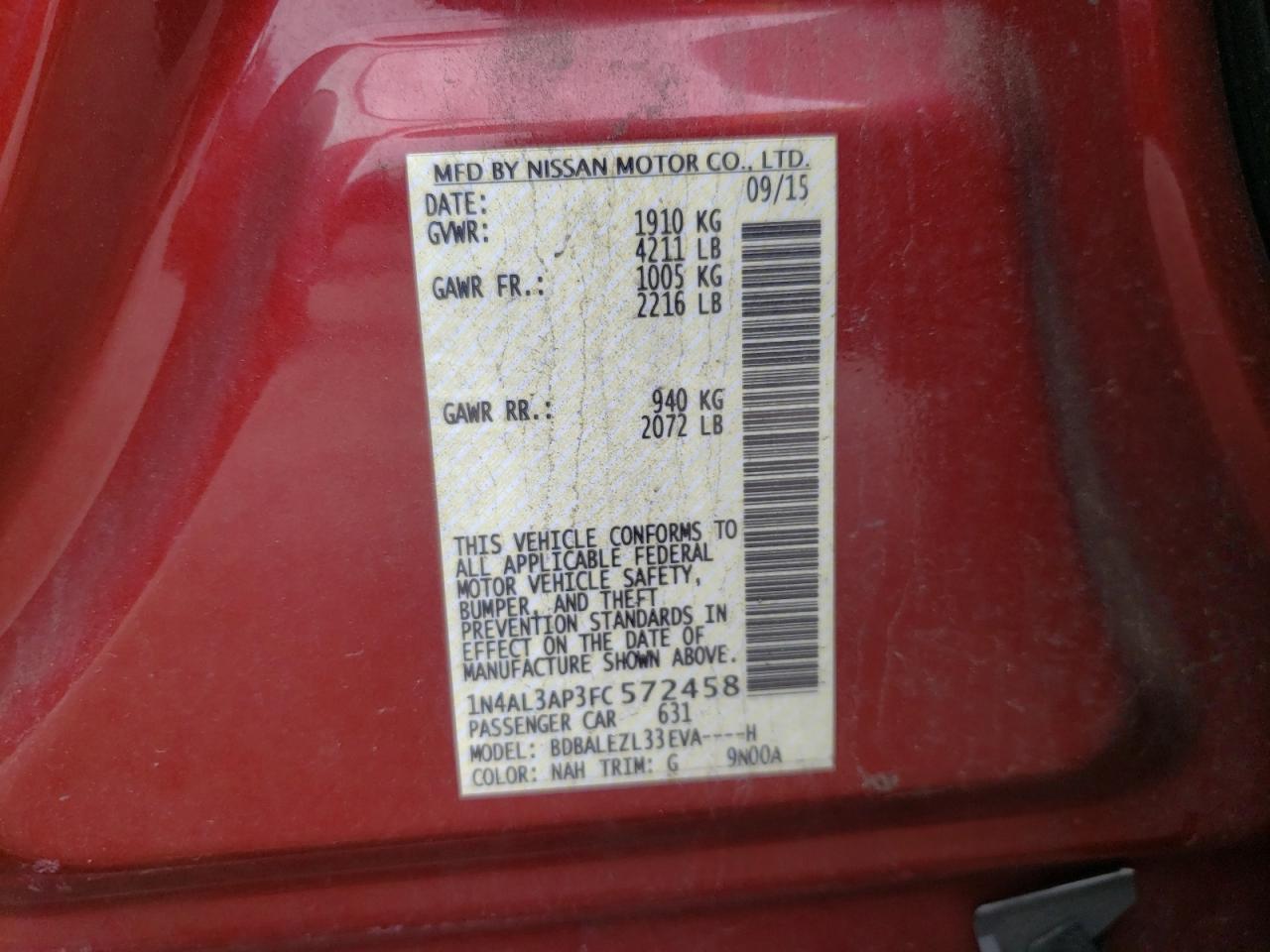 Photo 10 from auction – 2015 NISSAN ALTIMA 2.5 with VIN 1N4AL3AP3FC572458