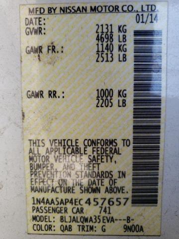 Photo 10 from auction – 2014 NISSAN MAXIMA S with VIN 1N4AA5AP4EC457657
