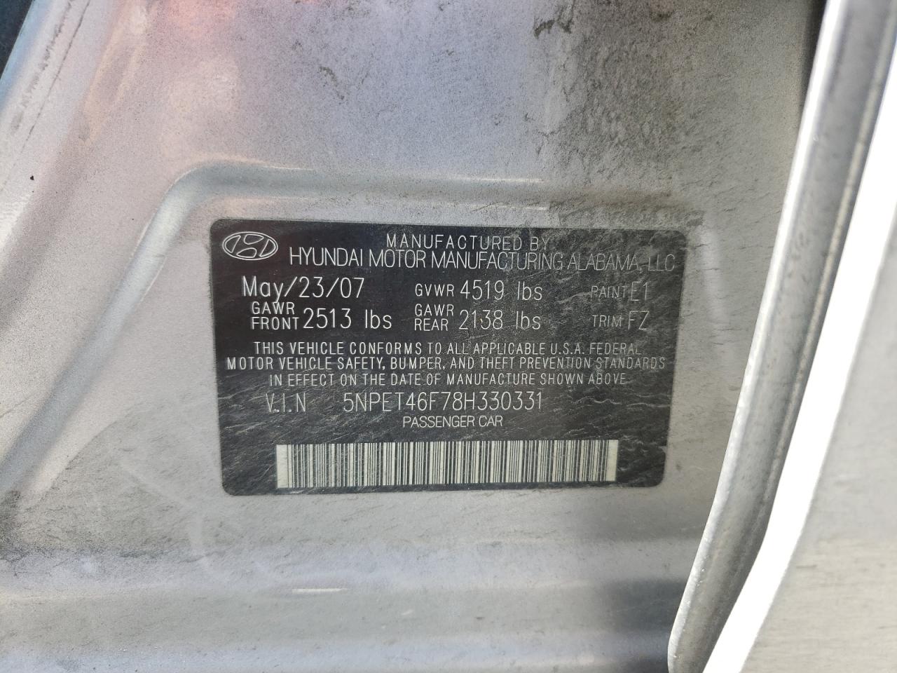 Photo 10 from auction – 2008 HYUNDAI SONATA GLS with VIN 5NPET46F78H330331