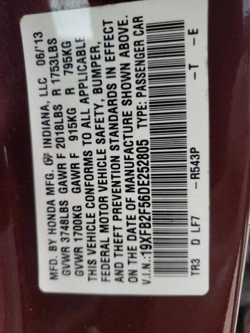 Photo 10 from auction – 2013 HONDA CIVIC LX with VIN 19XFB2F56DE252805