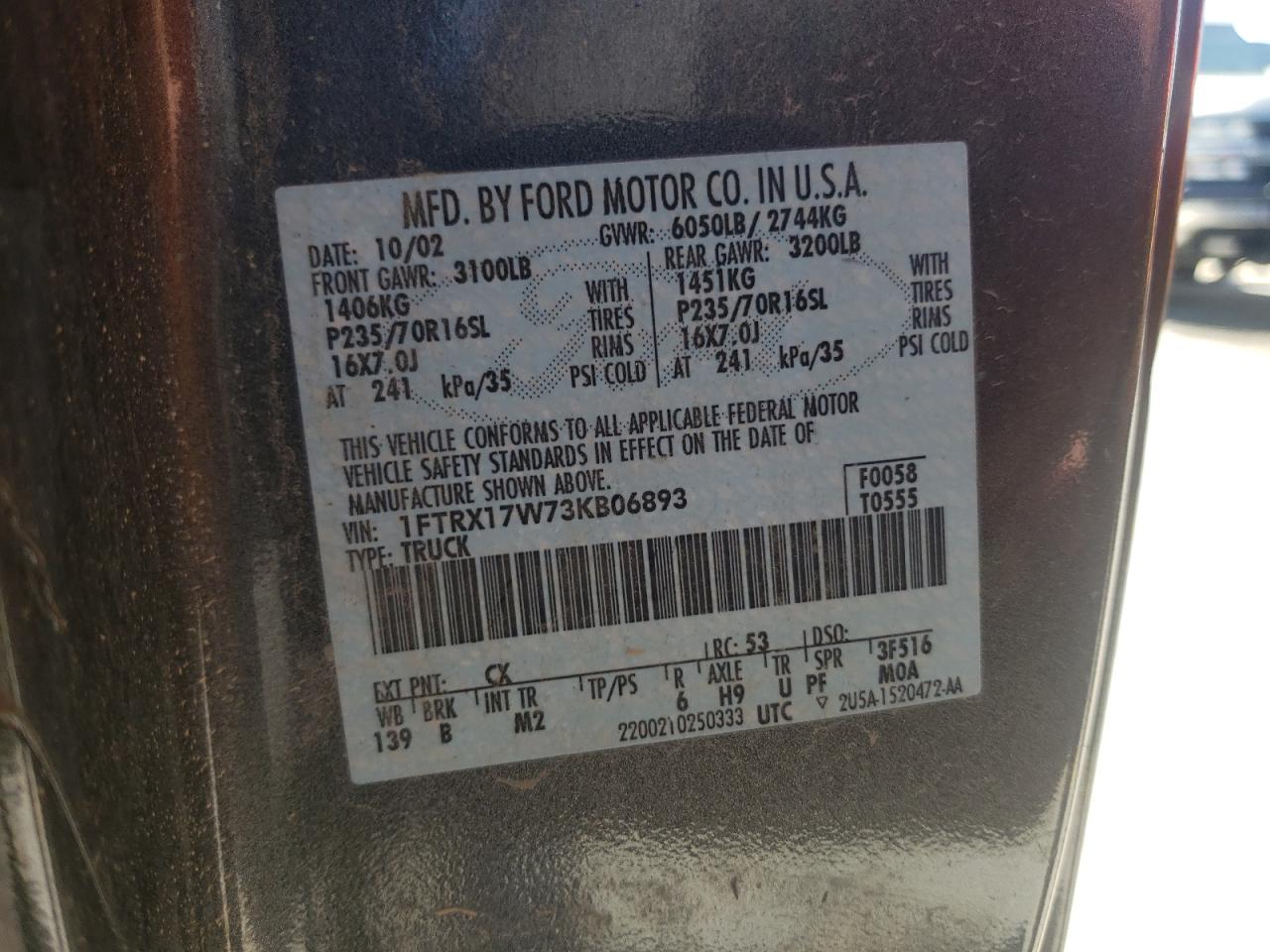 Photo 10 from auction – 2003 FORD F150 with VIN 1FTRX17W73KB06893
