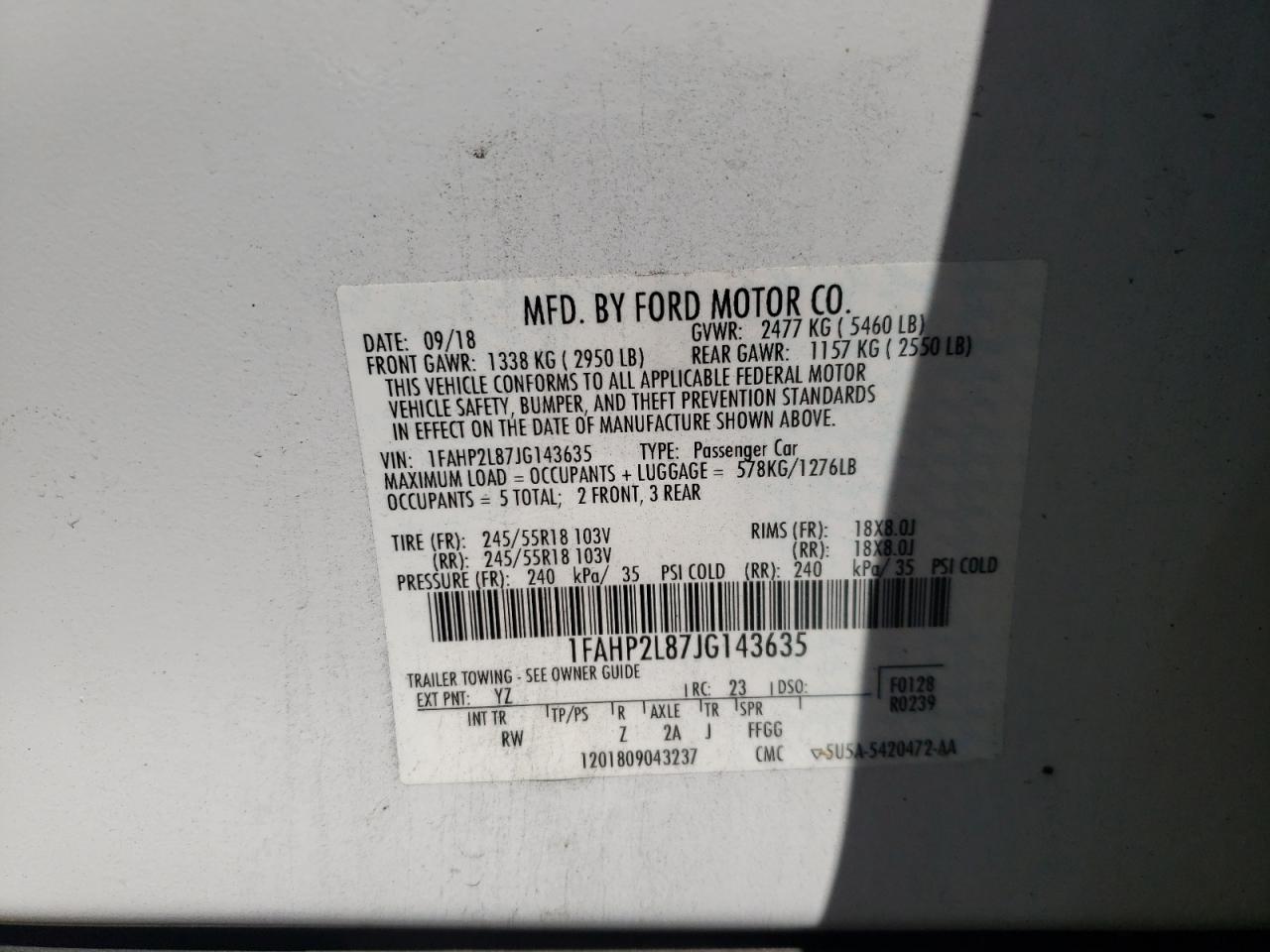 Photo 10 from auction – 2018 FORD TAURUS POL with VIN 1FAHP2L87JG143635
