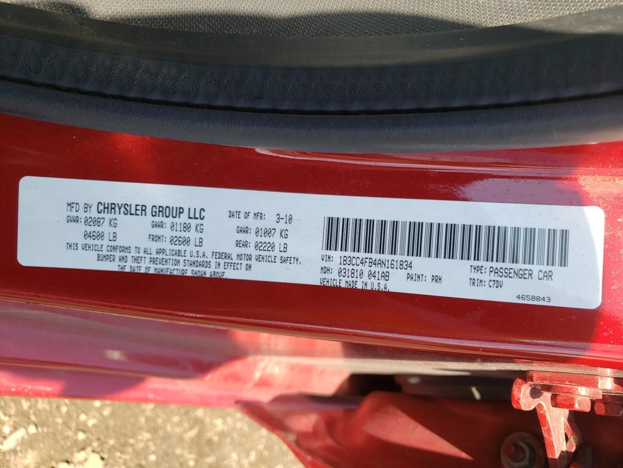 Photo 10 from auction – 2010 DODGE AVENGER with VIN 1B3CC4FB4AN161834