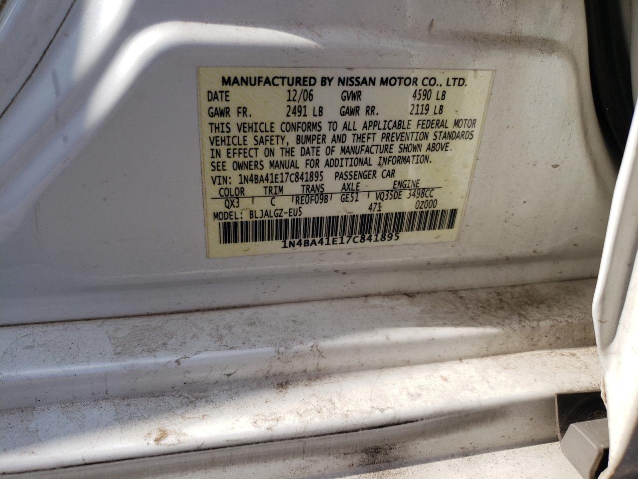Photo 10 from auction – 2007 NISSAN MAXIMA SE with VIN 1N4BA41E17C841895