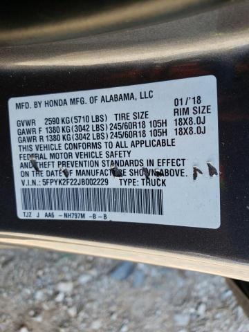 Photo 10 from auction – 2018 HONDA RIDGELINE with VIN 5FPYK2F22JB002229
