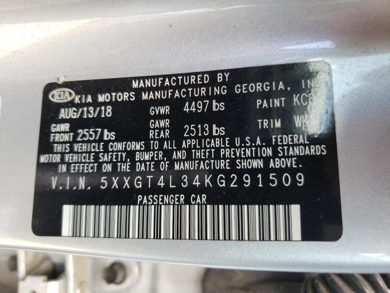 Photo 10 from auction – 2019 KIA OPTIMA with VIN 5XXGT4L34KG291509