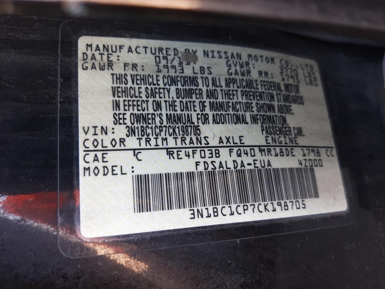 Zdjęcie 10 z aukcji – 2012 NISSAN VERSA S z VIN 3N1BC1CP7CK198705