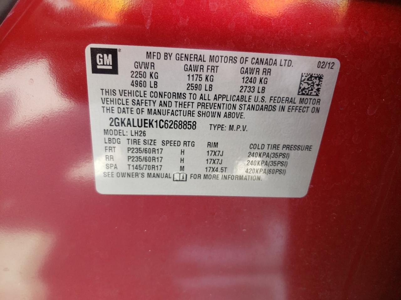 Photo 10 from auction – 2012 GMC TERRAIN SL with VIN 2GKALUEK1C6268858