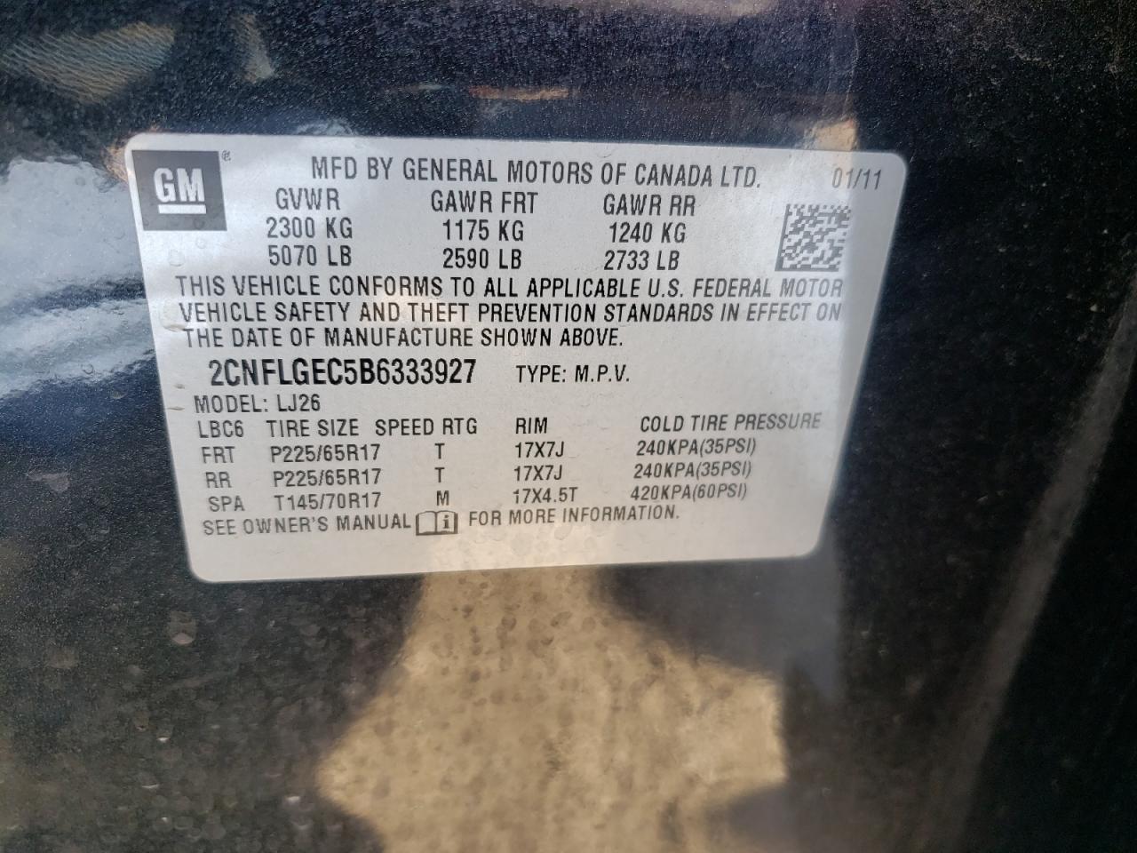 Photo 10 from auction – 2011 CHEVROLET EQUINOX LT with VIN 2CNFLGEC5B6333927