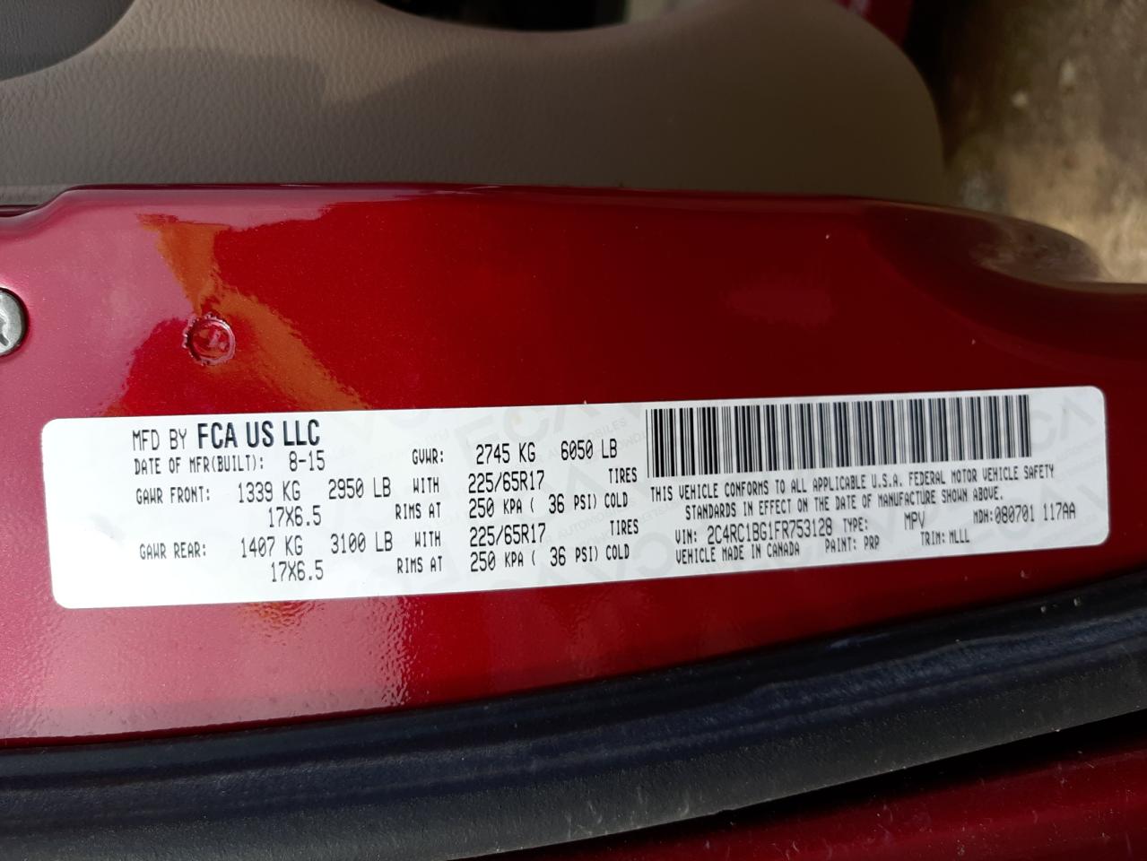 Photo 10 from auction – 2015 CHRYSLER TOWN & COU with VIN 2C4RC1BG1FR753128