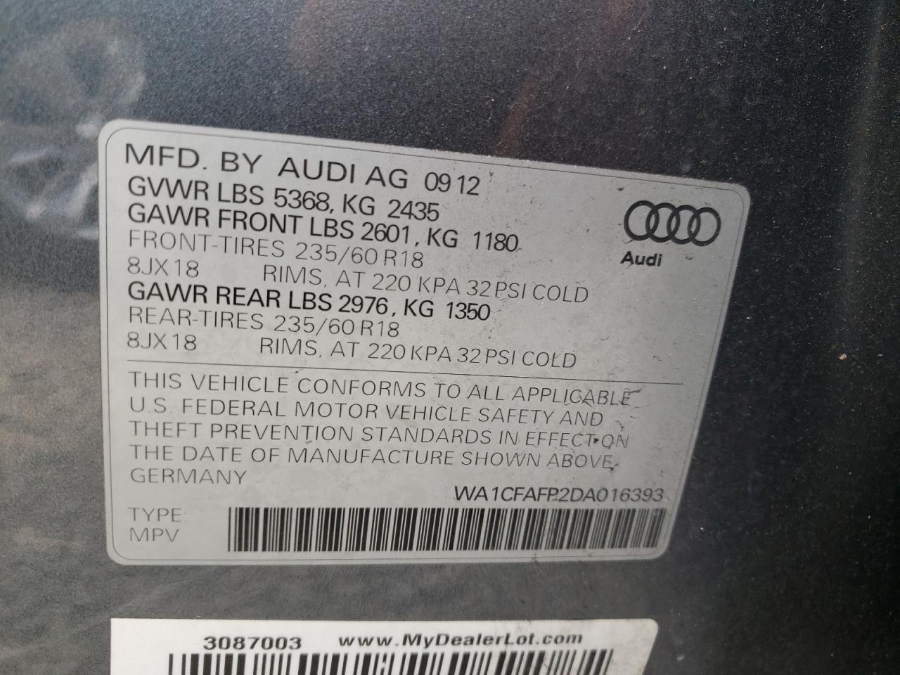 Photo 10 from auction – 2013 AUDI Q5 PREMIUM with VIN WA1CFAFP2DA016393