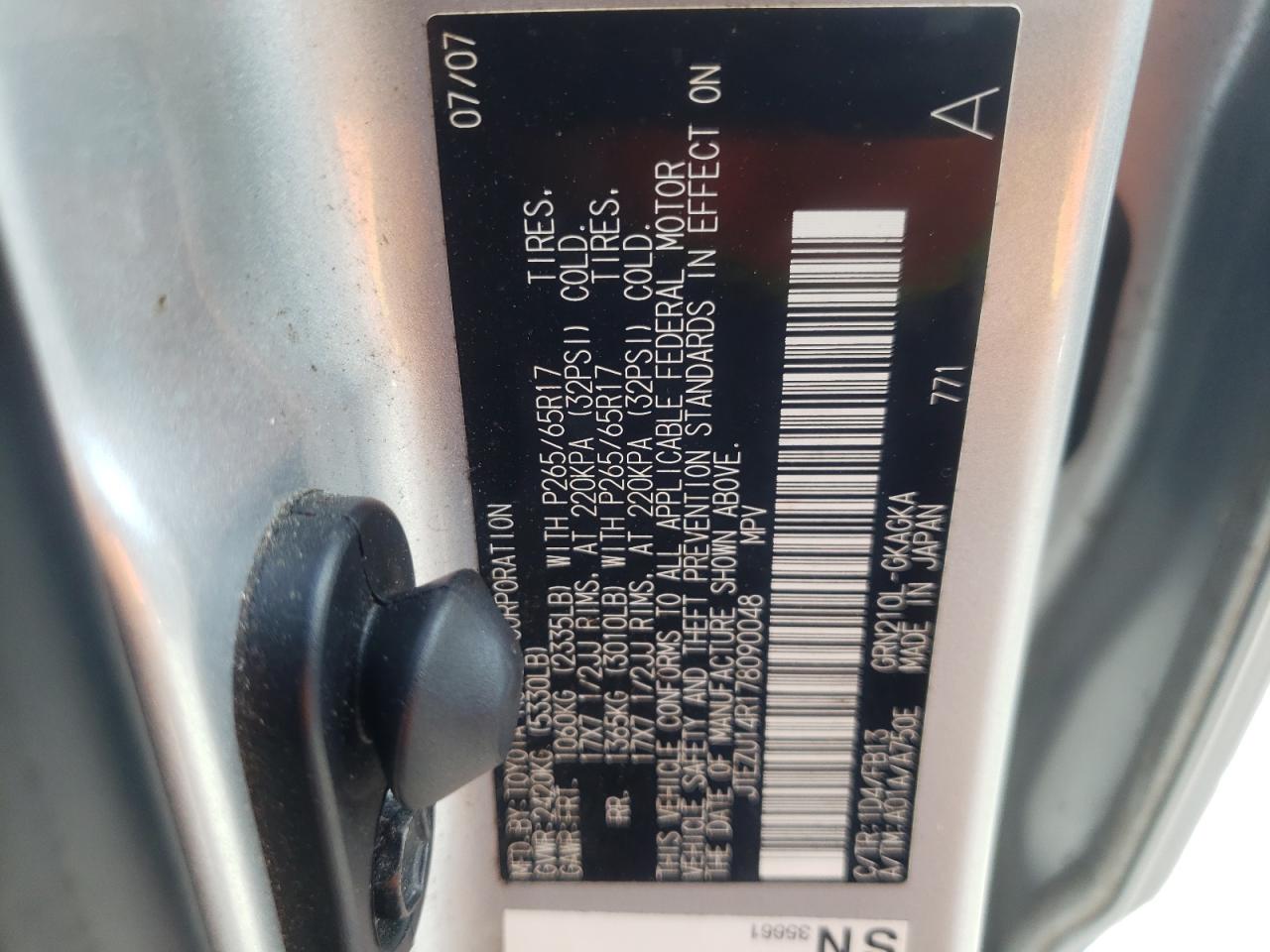 Photo 10 from auction – 2007 TOYOTA 4RUNNER SR with VIN JTEZU14R178090048