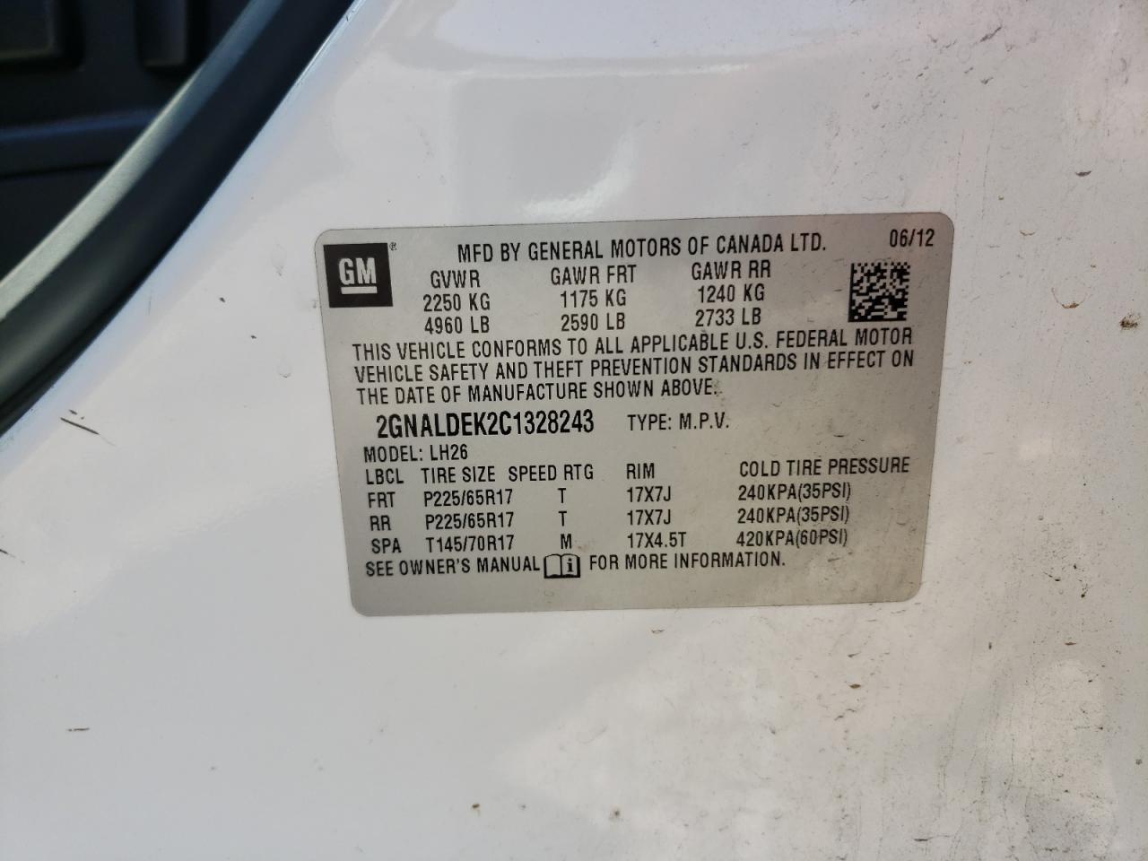 Photo 10 from auction – 2012 CHEVROLET EQUINOX LT with VIN 2GNALDEK2C1328243