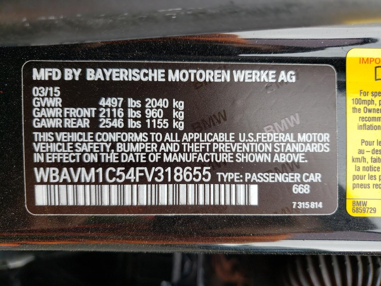 Photo 10 from auction – 2015 BMW X1 SDRIVE2 with VIN WBAVM1C54FV318655