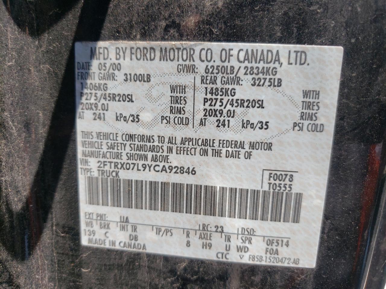 Photo 10 from auction – 2000 FORD F150 with VIN 2FTRX07L9YCA92846