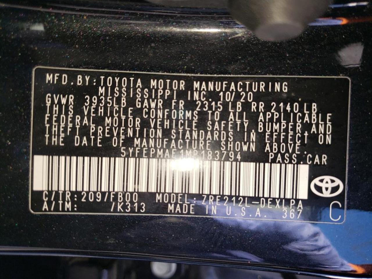 Photo 10 from auction – 2021 TOYOTA COROLLA LE with VIN 5YFEPMAE1MP183794