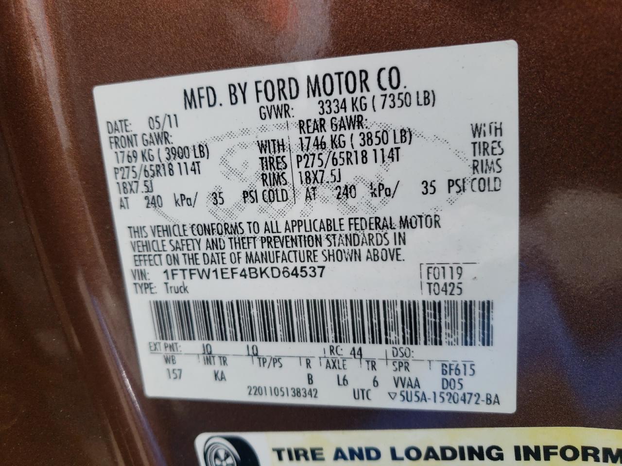 Photo 10 from auction – 2011 FORD F150 SUPER with VIN 1FTFW1EF4BKD64537