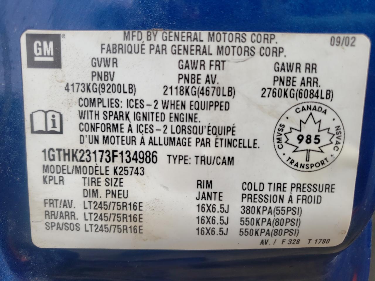 Photo 10 from auction – 2003 GMC SIERRA K25 with VIN 1GTHK23173F134986