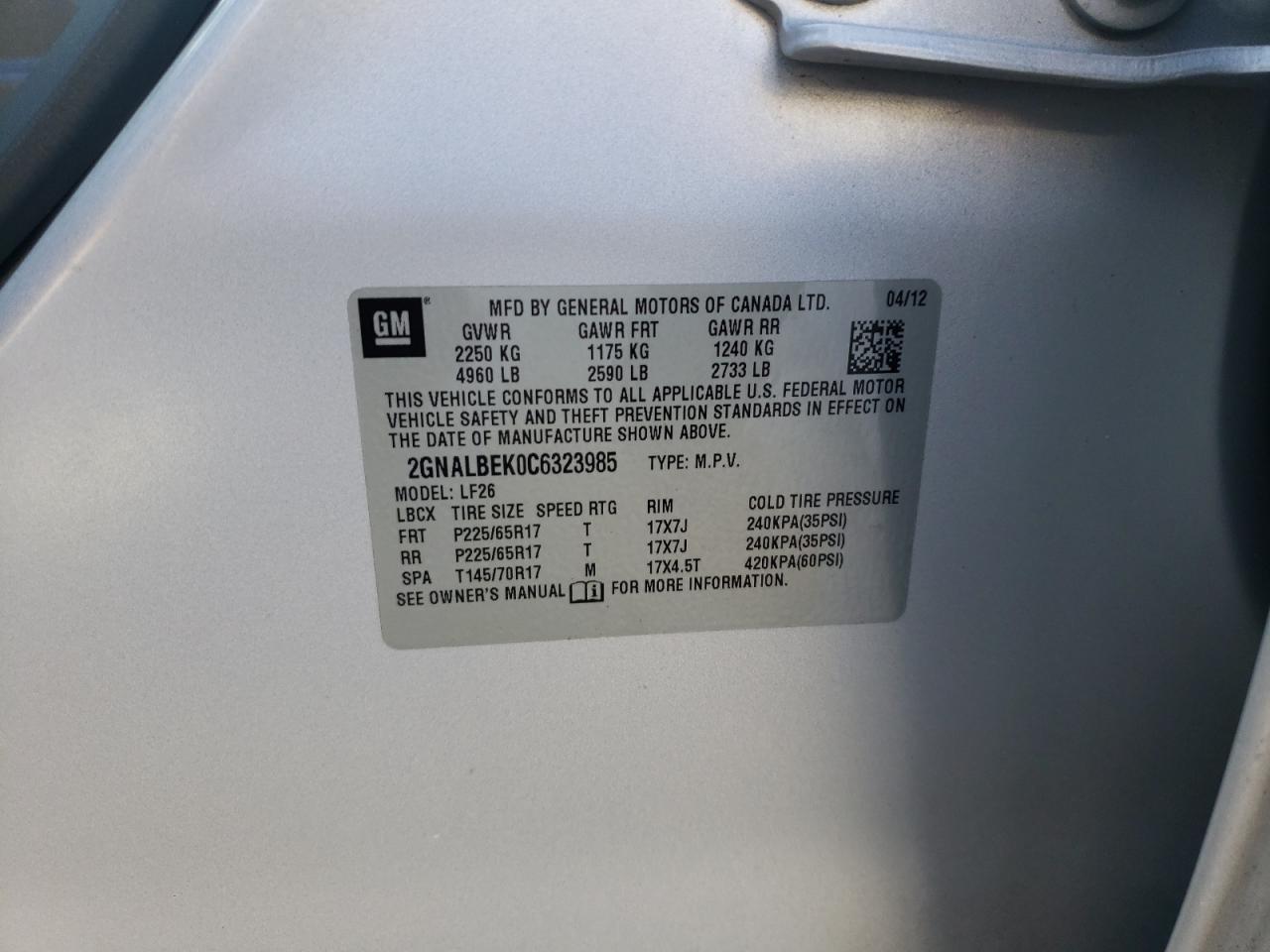 Photo 10 from auction – 2012 CHEVROLET EQUINOX LS with VIN 2GNALBEK0C6323985