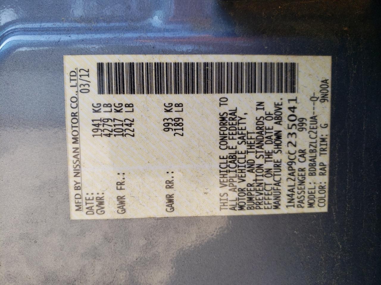 Photo 10 from auction – 2012 NISSAN ALTIMA BAS with VIN 1N4AL2AP9CC235041