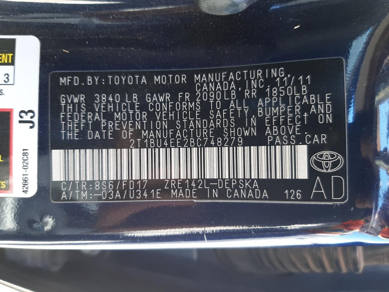 Photo 10 from auction – 2011 TOYOTA COROLLA BA with VIN 2T1BU4EE2BC748279